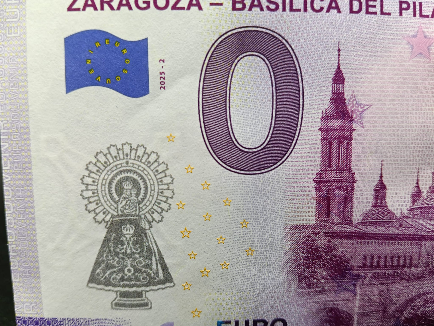 Edición 2025. Billete Euro Souvenir ZARAGOZA-BASILICA DEL PILAR SELLADO 2025