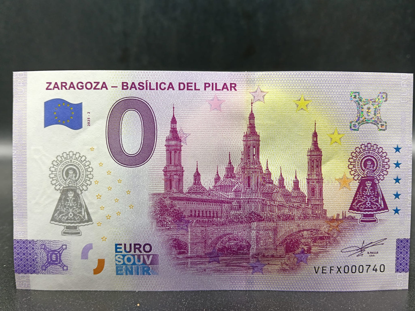 Edición 2025. Billete Euro Souvenir ZARAGOZA-BASILICA DEL PILAR SELLADO 2025