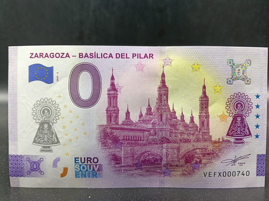 Edición 2025. Billete Euro Souvenir ZARAGOZA-BASILICA DEL PILAR SELLADO 2025
